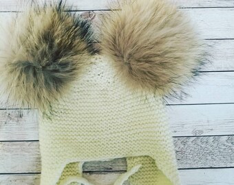 Knit baby hat, hand knit hat, knit beanie, wool baby hat, knit baby hat, chunky knit hat, fur pom hat, baby gift, toddler hat, earflap hat