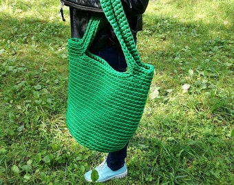 Gehaakte tote, handgemaakte schoudertas, grote gehaakte touwtas, groene handtas, zomertas, gebreide strandtas, ambachtelijke tote,