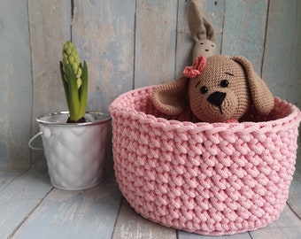 crochet storage basket, toy storage, kids room decor, pink rope basket, nursery storage, living room storage, crochet toy basket, housewarm