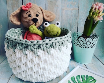 Cesta de cuerda, cesta tejida redonda, cesta de juguete de ganchillo, decoración de la guardería, almacenamiento de la habitación para niños, almacenamiento del baño, almacenamiento de la sala de estar, idea de regalo