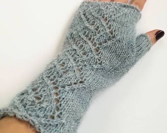 Guantes sin dedos de encaje, mitones de punto, guantes sin dedos hechos a mano, guantes de punto calientes, calentadores de manos, guantes sin costuras, mitones suaves