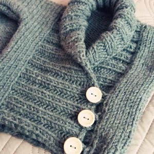 May include: A close-up of a teal knitted cardigan with a shawl collar and three white buttons. The textured knitwear features a ribbed pattern on the body and a thicker knit on the collar. The buttons are round with two holes.