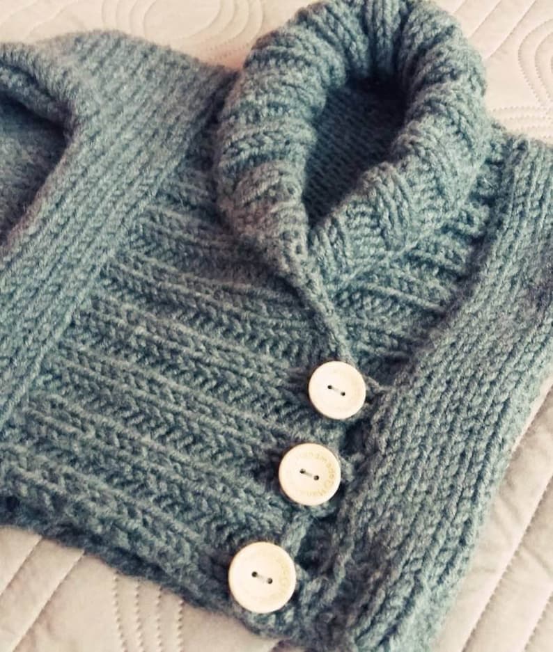 May include: A close-up of a teal knitted cardigan with a shawl collar and three white buttons. The textured knitwear features a ribbed pattern on the body and a thicker knit on the collar. The buttons are round with two holes.