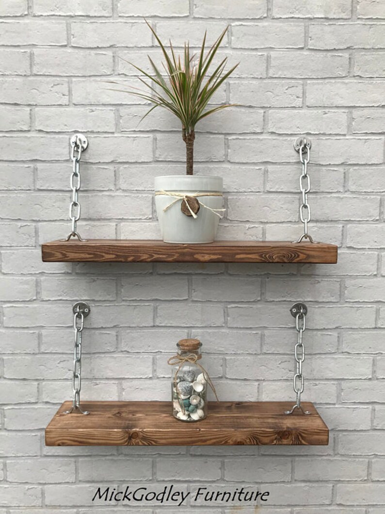Rustic Handmade Solid Chrome Chain Floating Shelves Solid Wood Etsy