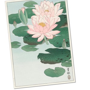 小原古邨「睡蓮に二匹の金魚」本物木版画 小原古邨による日本のアートプリント「睡蓮」、木版画、ジクレー