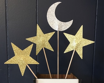 Moon and Star Centerpiece Sticks - Crescent Moon Toppers - Twinkle Twinkle Little Star - Space Party - Baby Shower - Celestial - 4 pcs