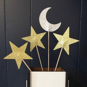 Moon and Star Centerpiece Sticks - Crescent Moon Toppers - Twinkle Twinkle Little Star - Space Party - Baby Shower - Celestial - 4 pcs