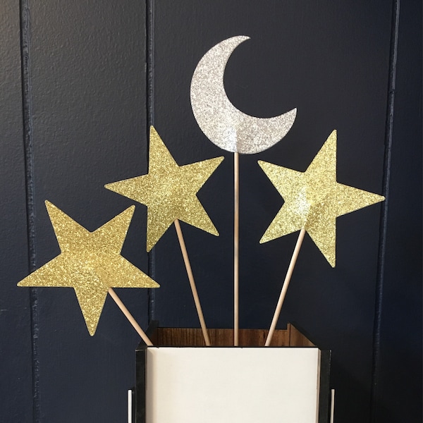 Moon and Star Centerpiece Sticks - Crescent Moon Toppers - Twinkle Twinkle Little Star - Space Party - Baby Shower - Celestial - 4 pcs