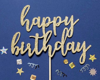 Happy Birthday Cake Topper - Script Cake Topper - Birthday Party Decorations - Birthday Topper - Centerpiece Stick - Cursive Cake Topper