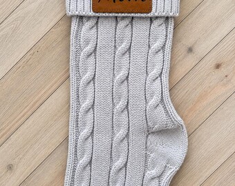 Personalized Christmas Stocking | Custom Knit Stocking | Family Name Stocking | Embroidered Look Leather Patch | Christmas Mantel Decor