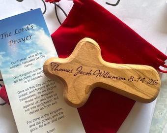 Olive Wood Pocket Cross W/Prayer Card - Baptism - Christening Gift with custom name engraving