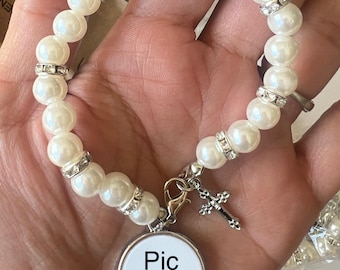 Memorial Rosary Picture Bracelet, Pearl Remembrance Charm
