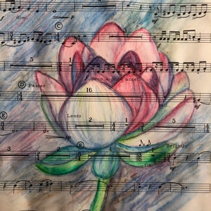 Original Drawing/Painting on Vintage Sheet Music Paper, Unique Art Pencil Painting, Original Watercolor Lotus Flower Painting, Floral Paint