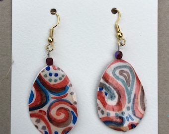 Handmade Paper Earrings, Watercolor Paper Earrings, Unique Jewelry, Hand Painted Earrings with Beads, Oval Shaped, Brown, Red, Blue Swirls