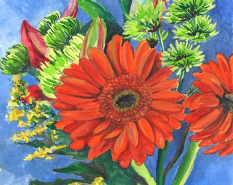 May include: A watercolor painting of a bouquet of flowers with a bright orange gerbera daisy, green foliage, and yellow flowers against a blue background. The painting is signed "Nina Reiner 2016".