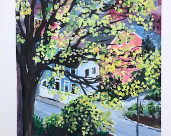 Scenic Overlook Painting PRINT, Providence Rhode Island, View From Above, Tree Painting, Architectural Painting, Historic Providence