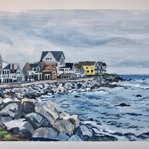 Peinture côtière IMPRIMER sur affiche Papier cartonné Marshfield MA Brant Rock Beach Ocean Bluff 9x 12 Gouache Peinture Imprimer Rive Sud Baie de Cape Cod