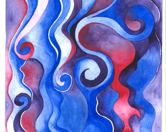 Abstract Swirls, Contemporary Art Watercolor Painting, Blue Purple Red, 8"X10" PRINT, Abstract Watercolor Painting, Unique Painting
