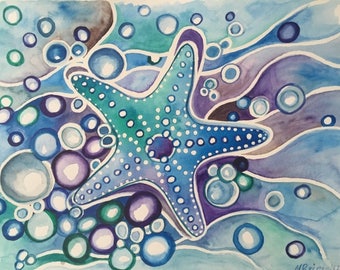 Original Watercolor Painting, Starfish Painting, Ocean Painting, Beach Decor, Nautical Art, Water Painting, 9" x 12", Abstract Watercolor
