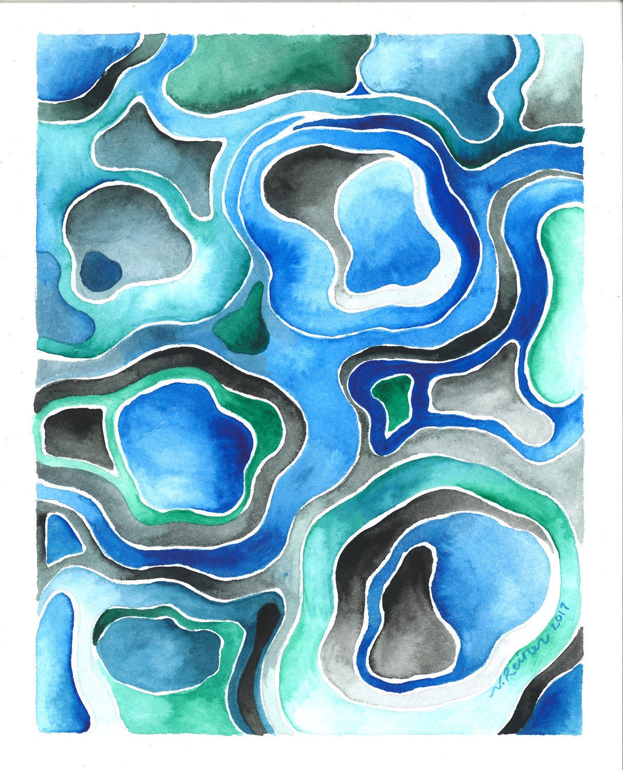 Abstract Original Watercolor Painting, Organic Circles and Puddles