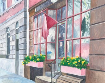 Historic Storefront Painting, Photorealistic, Pink Watercolor, Street Scene Painting, Window Boxes, 13" X 18" Watercolor GICLEE Print