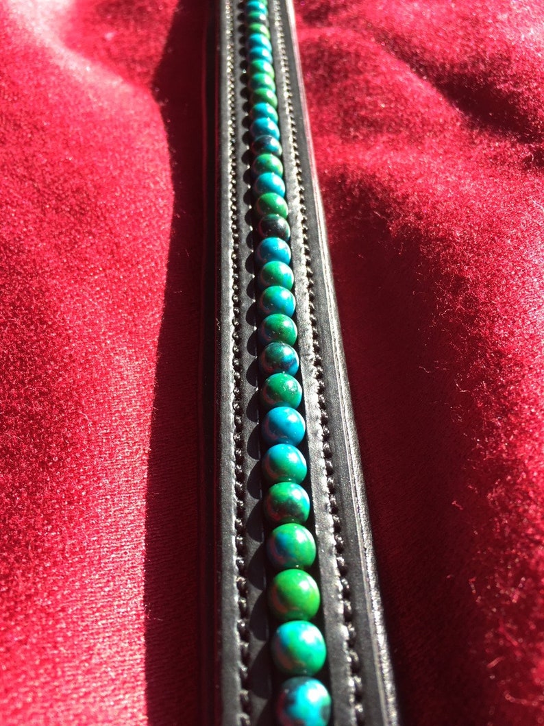 Chrysocolla Gemstone Horse Browband Green Blue on Softly Padded Black or Brown Leather Jade Jewel