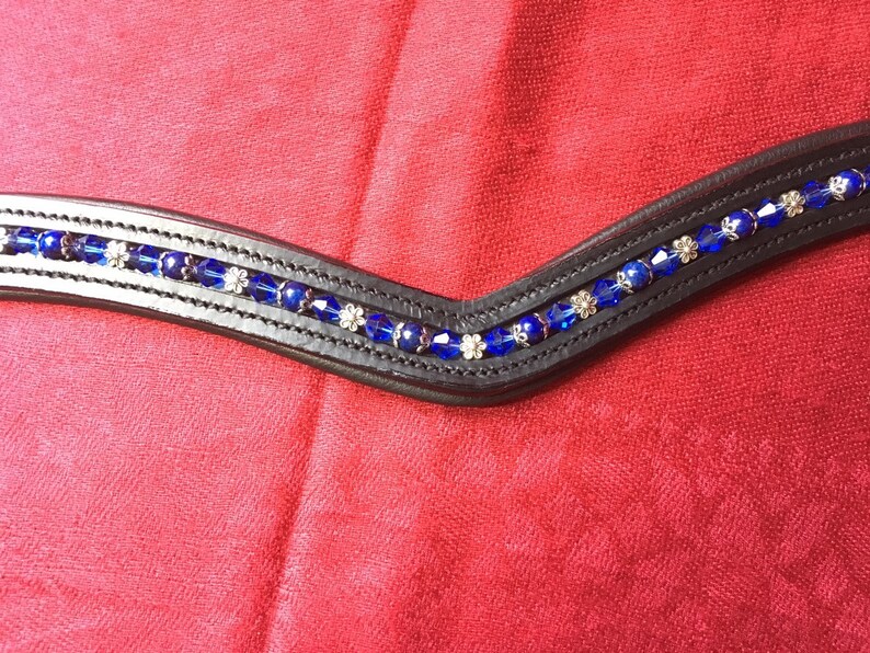 Blue Bicone Crystals and Silver Flowers on Softly Padded Black or Brown Leather Horse Browband Blue Moon Lapis Lazuli Beads