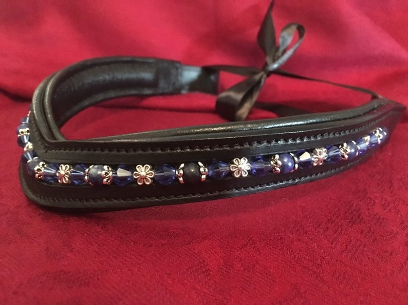Blue Bicone Crystals and Silver Flowers on Softly Padded Black or Brown Leather Horse Browband Blue Moon Lapis Lazuli Beads