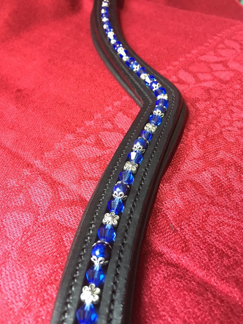 Blue Bicone Crystals and Silver Flowers on Softly Padded Black or Brown Leather Horse Browband Blue Moon Lapis Lazuli Beads
