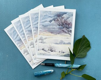 Fields of Snow - Christmas Art Cards - Watercolour Snow Scene - 5 pack of blank cards