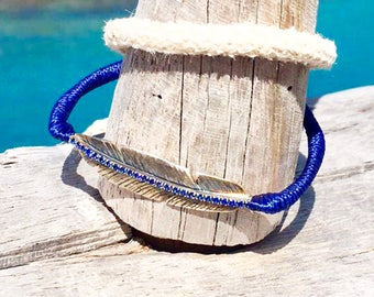 Feather Bracelet - Silver Bracelet - Boho Bracelet - Blue Bracelet - Summer Bracelet