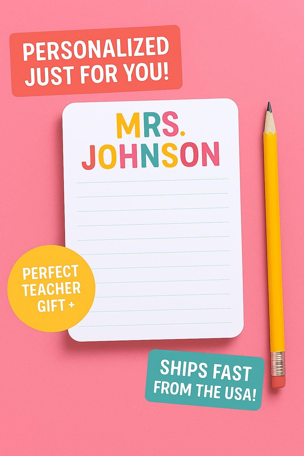 Personalized Teacher Notepad | Custom Name Stationery | Fun & Colorful ...