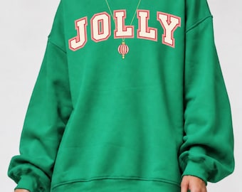 Bluza świąteczna Jolly Christmas, damska, zielona, ​​oversize'owa, z okrągłym dekoltem