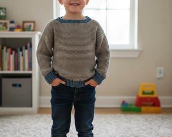 Hand Knit Toddler Sweater 2T – Cozy Neutral Kids Pullover | Handmade Knit Sweater with Blue Trim | Unisex Gift for Boys or Girls | Fall Wint