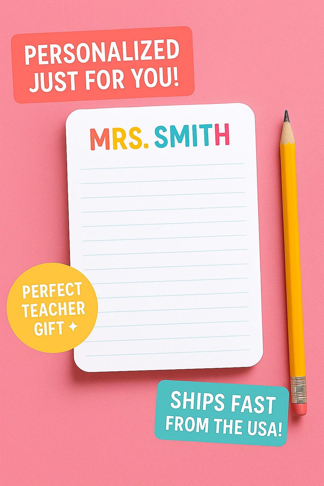 Personalized Teacher Notepad | Custom Name Stationery | Fun & Colorful ...