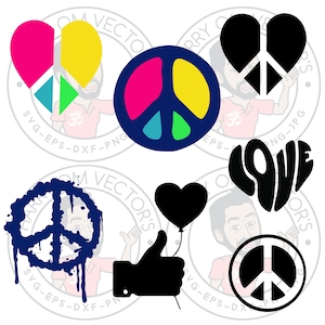 Puede incluir: Un conjunto de seis diseños de signo de paz y corazón en varios colores y estilos. Los diseños incluyen un signo de paz con un corazón dentro, un signo de paz con un efecto de pintura goteando, un signo de paz con un globo en forma de corazón, un corazón con la palabra "love" dentro, un signo de paz con un corazón dentro y un signo de paz con un corazón dentro.