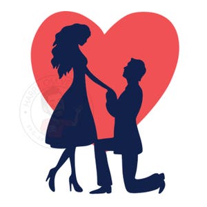 May include: Silhouette of a couple in love, with the woman standing and the man kneeling, against a red heart background.