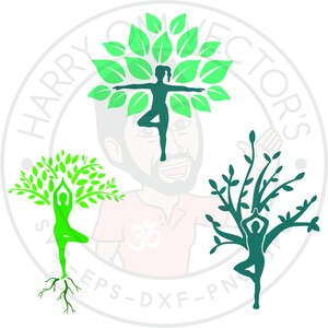 May include: Three green yoga tree silhouette designs with a person in a yoga pose. The trees have roots and branches with leaves. The person in the top design is teal, the other two are green.