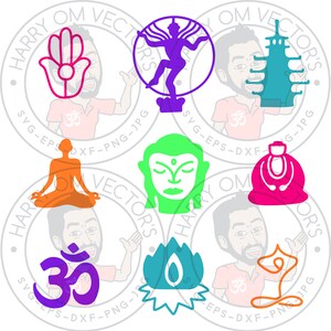 Spiritual Vectors, SVG DXF For Silhouette Cameo Or Cricut, Om, Buddha, Dancing Shiva, Lotus, Hindu Temple, Hamsa Hand Illustrations
