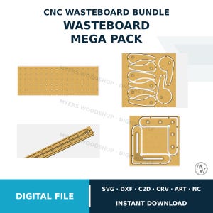 Pode incluir: Um conjunto de arquivos digitais para placa de sacrifício CNC com uma placa de grade retangular, várias formas de grampos curvos, um trilho longo com fendas e suportes de canto. O texto diz CNC WASTEBOARD BUNDLE, WASTEBOARD MEGA PACK, DIGITAL FILE, SVG DXF C2D CRV ART NC.