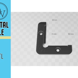 May include: A black plastic corner bracket with measurements in millimetres. The bracket is 50 mm wide and 100 mm long. The bracket has a hole in the centre of the short side and a hole in the centre of the long side.