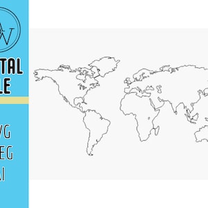 May include: A black and white outline of a world map. The map shows the continents of North America, South America, Europe, Asia, Africa, Australia, and Antarctica.