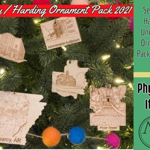 Searcy Ornament Pack X5 Vol 1, Arkansas White County Courthouse, Rialto Theater, Searcy Map, Harding University Admin, Pryor Tower Ornaments