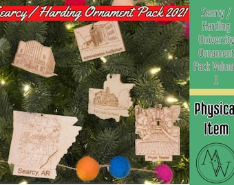 Searcy Ornament Pack X5 Vol 1, Arkansas White County Courthouse, Rialto Theater, Searcy Map, Harding University Admin, Pryor Tower Ornaments