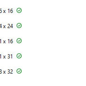 May include: A list of different sizes for digital downloads, such as 16 x 16, 24 x 24, 31 x 16, 31 x 31, and 48 x 32.