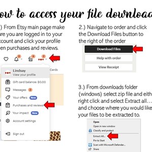 Pode incluir: Um guia passo a passo sobre como acessar seus downloads de arquivos do Etsy. A imagem mostra capturas de tela do site Etsy e do sistema operacional Windows. O site Etsy mostra como acessar suas compras e avalia&ccedil;&otilde;es. A captura de tela do Windows mostra como extrair um arquivo zip.