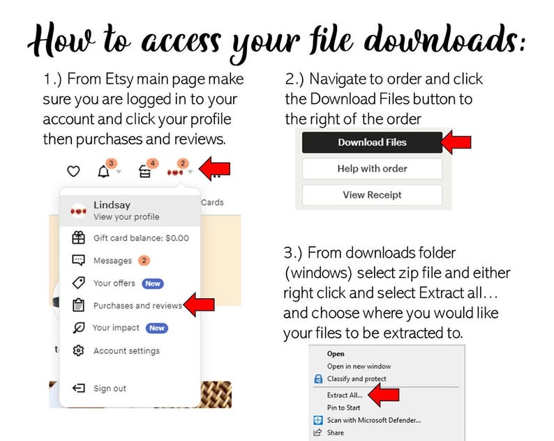 Pode incluir: Um guia passo a passo sobre como acessar seus downloads de arquivos do Etsy. A imagem mostra capturas de tela do site Etsy e do sistema operacional Windows. O site Etsy mostra como acessar suas compras e avalia&ccedil;&otilde;es. A captura de tela do Windows mostra como extrair um arquivo zip.