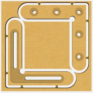 May include: A brown wooden frame with a white cutout design. The frame has four holes around the perimeter.