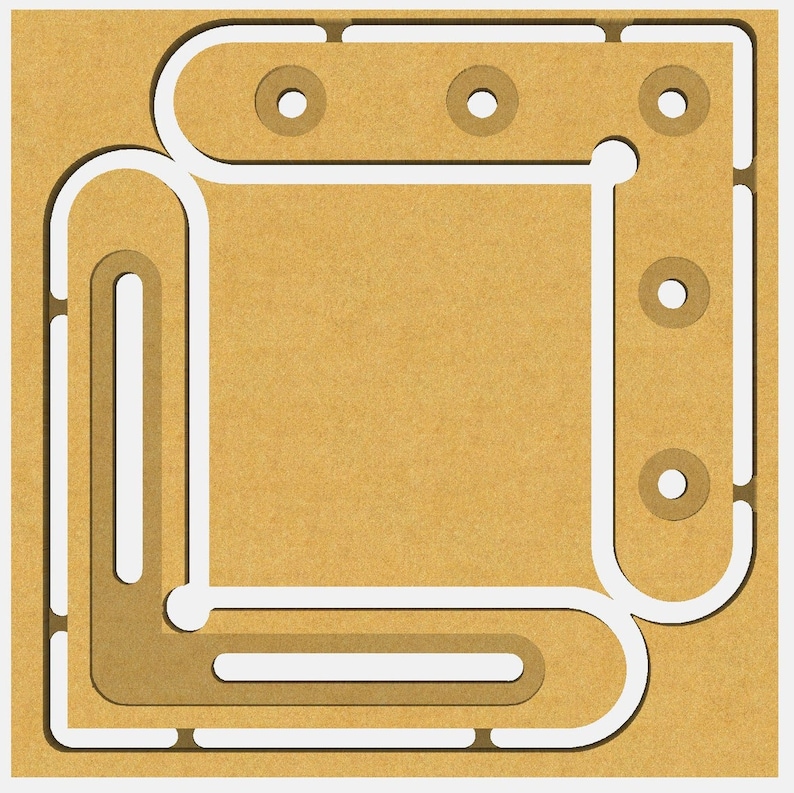 May include: A brown wooden frame with a white cutout design. The frame has four holes around the perimeter.