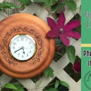 Hand turned, wood burned, flower wall clock